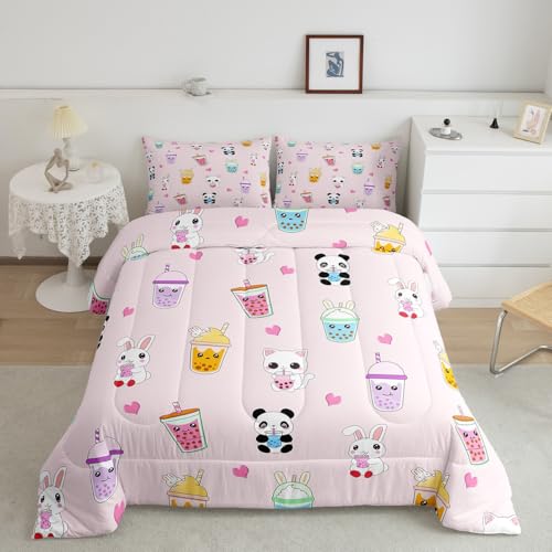 Image of Feelyou Cartoon Milk Tea Bedding Set Queen Size, Kids Cute Panda Comforter Set Kitten Cat Comforter Rabbit Duvet Insert 3Pcs
