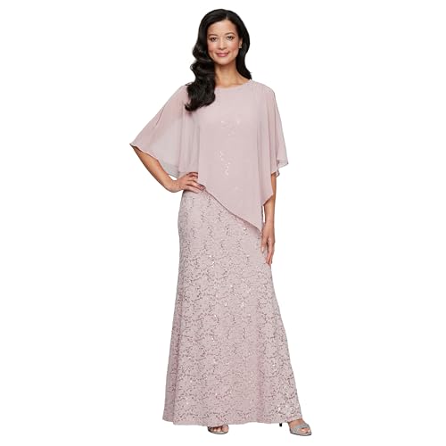 S.L. Fashions Women's Long Length Sequin Lace Beaded Capelet Dress, Formal Evening Gown, Blush, 14P