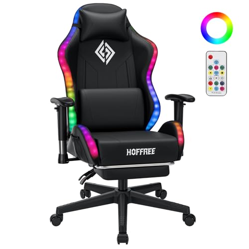 HOFFREE LED Gaming Stuhl für Kinder mit RGB Beleuchtung Ergonomischer PC Gamer Sessel 155° Verstellbar mit Fußstütze Kopfstütze und Lordosenstütze für Jungen Teenager Schwarz