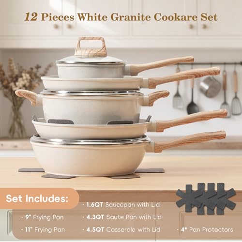 Image of SODAY Pots and Pans Set Non Stick, 12Pcs White Granite Induction Cookware