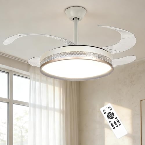 Ceiling Fans with Lights and Remote, 42 Inch Ceiling Fan with Retractable Blades, Indoor Modern Ceiling Fan with Reversible DC Motor 6 Speeds for Bedroom Living Room Kitchen, White