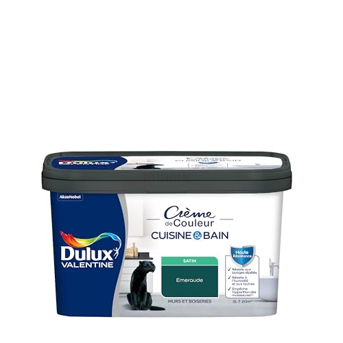 Dulux Valentine Peinture Intérieure Crème de Couleur Cuisine et Salle de Bain - Pièces Humides Murs et Boiseries - Résistant aux taches et à l'humidité - Satin Emeraude 2 L