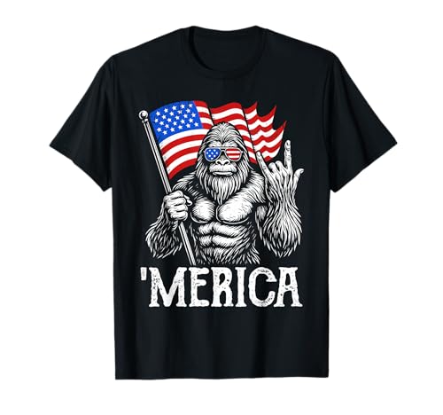 Bigfoot Merica Rock American Flag Patriotic 4th of July T-Shirt
