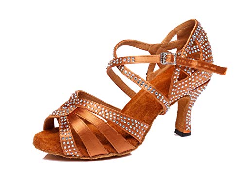 MGM-Joymod Women's Cross Strap Flared Heel Rhinestones Salsa Tango Latin Character Modern Dance Shoes Wedding Party Sandals/Brown 4 M US