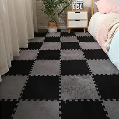 HZLXF1 16pc Protection Plush Mat,Interlocking Carpet Tiles,Puzzle Carpet for Parlor Bedroom Decoration(Black Grey)