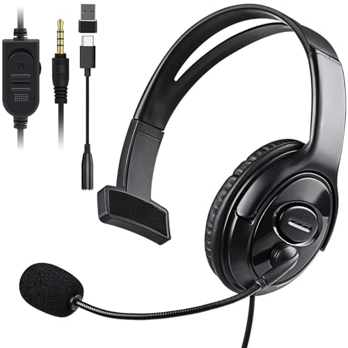 Wired Single Ear Headset 3.5mm Jack & USB-C & USB-A Adapter