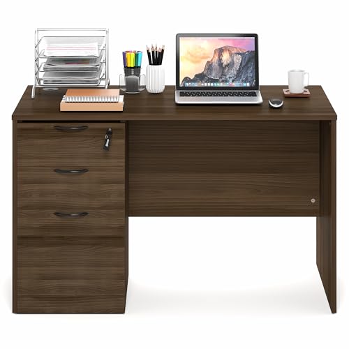 Image of Furinno Roger 47 Inch Executive Desk with File Cabinet, Home Office Desk with 3-Drawer Fixed Pedestal Filing Cabinet, Desk Cord Grommet, for Home Office, Modern Walnut