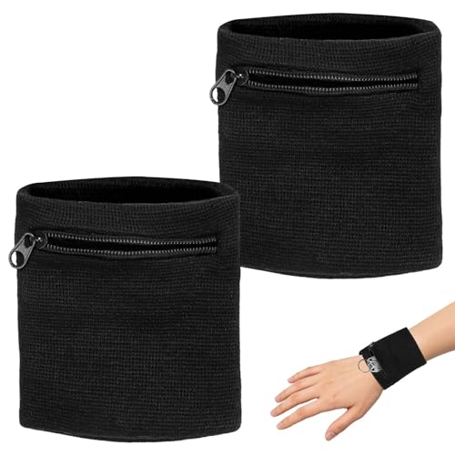 2 Stück Schweißband Handgelenk mit Reißverschluss, Handgelenktasche aus Baumwolle, Sport Schweißbänder für Schlüssel, Geld, Jogging und Basketball, praktisches Schweissband für Herren und Damen