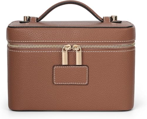 Starnearby Trousse de Maquillage en Cuir Femme, Trousse de Toilette Voyage avec Compartiments Amovibles, Pochette Rangement Maquillage Portable, Trousse Cosmétique Femme (Marron)