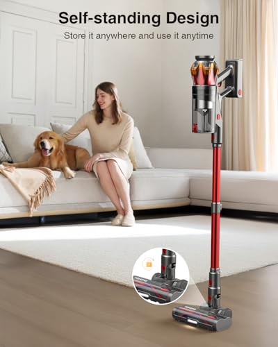 Cordless Vacuum Cleaner, 650W 55KPa 70Mins Vacuum Cleaners for Home, Self-Standing Stick Vacuum with Anti-Tangle Brush & OLED Touch Screen, Vacuum Cleaner for Hardwood Floors,Carpet,Pet Hair,Car (Red) - Image 5