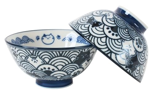 美濃焼 和陶器 ペア 飯碗 猫 波紋 (2個セット) 日本製 MUC202(ネイビー)