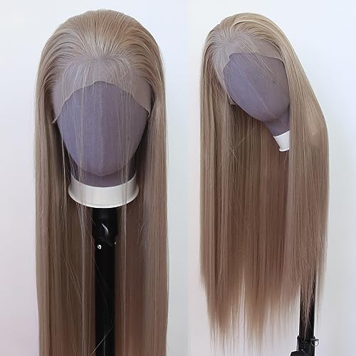 zigzag hair Ash Blonde Wig Long Straight Honey Blonde Brown Synthetic Lace Front Wigs Pre Plucked with Natural Hairline for Fashion Women Heat Resistant Hair Glueless Synthetic Lace Wig (Light Brown)