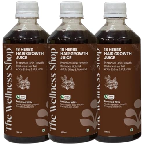 Image of The Wellness Shop 18 Herbs Hair Growth Juice 500ml (Pack of 3) | Ayurvedic Herbal Drink with Amla, Bhringraj & Noni | Supports Hair Fall Control, Stronger Roots & Scalp Nourishment