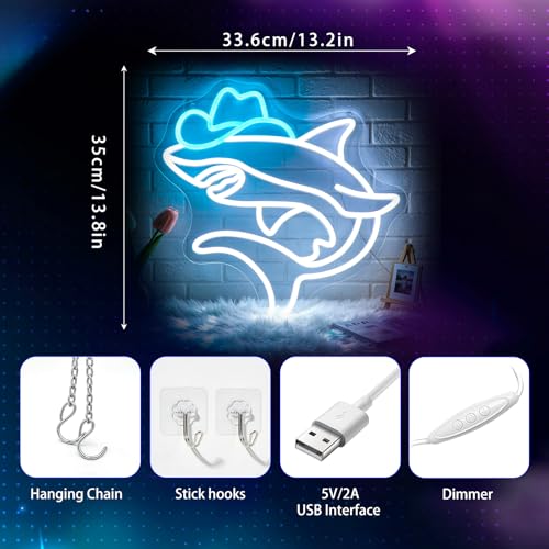 Image of Neon Sign, Shark Neon Signs for Wall Decor LED Signs Neon Light | Cowboy Shark Neon Sign for Bedroom, Kids Room, Gaming Room, Man Cave, Party, Bar Decor, Boys Gift, Dimmable, USB Powered