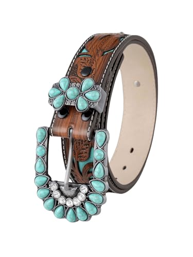 GORGLITTER Women's Turquoise Belt Leather Western Belts Embossed Waist Country Belts for Jeans Pants