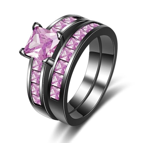 2in1 Retro Black Halo Princess Cut Created Pink Topaz Ruby Amethyst Cubic Zirconia Wedding Engagement Eternity Square Rings Set Women's Band Vintage for Bridal Mom Lover
