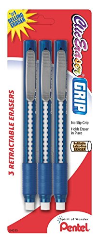 Pentel Clic Eraser Grip Retractable Eraser, Assorted Color (3 Pens - Blue)