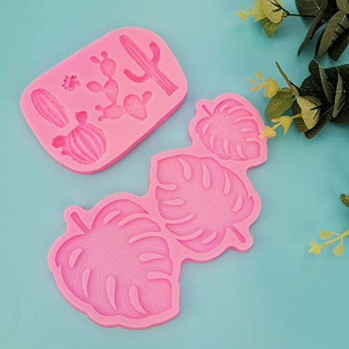 Tropical Leaf Monstera Cactus Silicone Molds, 2 Pcs Cake Decorating Molds for Chocolate Baking Resin Polymer Clay Soap Making (Pink)