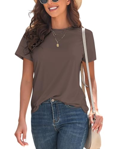 KevaMolly Basic ‌Dark Brown T Shirts for Women UPF 50+ Short Sleeve Casual Solid Summer Tops Trendy Solid Loose Fit Tshirt L