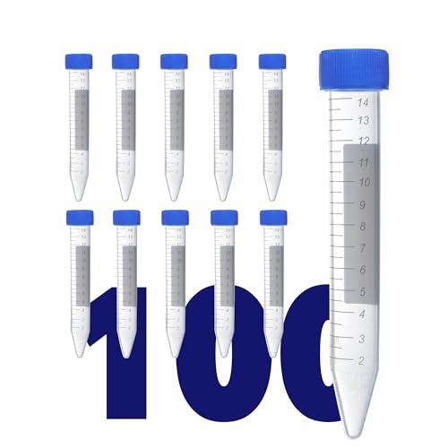 Kashi Scientific Conical Centrifuge Tubes 15mL, [100 Pack] Plastic Test Tube with Screw Caps, 15mL Sterile Test Tubes with Lids, 15 mL Falcon Tubes with Printed Graduation and Write-on Spot