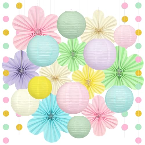 Dimhut Pastel Classroom Decor - 20Pcs Pastel Paper Lanterns Flower Fans & Glitter Garlands for Classroom Ceiling Decorations Birthday Wedding Baby Shower & Hanging Party Decor