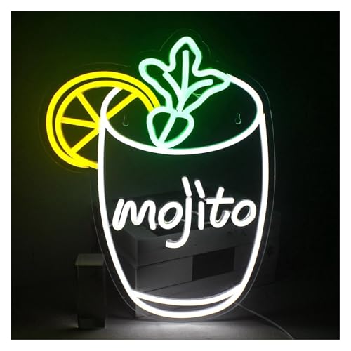 BYAMBD Luz de Diseño de Digital Letrero De Neón LED Mojito, Decoración Artística Para Bar, Hogar, Pub, Fiesta, Club, Luz De Pared Alimentada Por USB, Regulable, 42cmx32cm