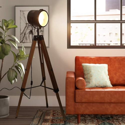 Image of Adjustable Vintage Wood Tripod Floor Lamp for Living Room, Spotlight Black