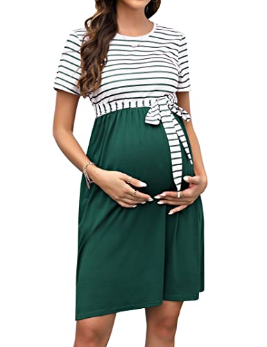 KOJOOIN Damen Umstandskleid Rundhalsausschnitt Gestreiftes Schwangerschaftskleid Kurzarm Casual Umstandstandskleid mit Gürtel Dunkelgrün(Kurzarm) M