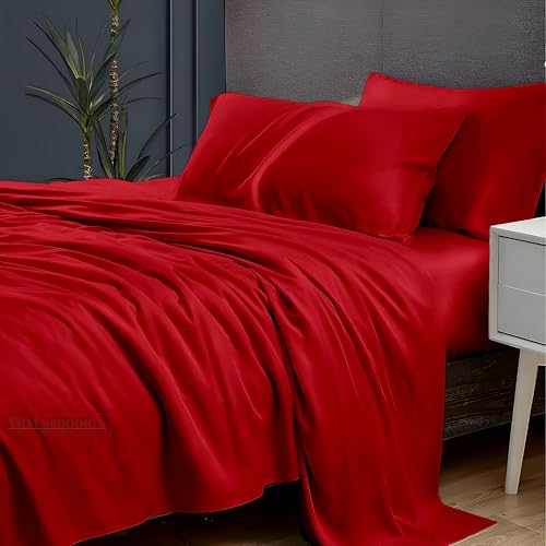 Image of YRM Bedding's 600TC Egyptian Cotton Bedsheet (108x110) with 2-Pillow Covers (18x28) | Oeko-Tex Certified Top Selling 100% Cotton Super King Size Bedsheet with Pillow Cover | Red