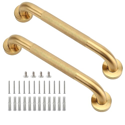 Shower Grab Bar, 2 Pack 12 Inch Gold Bathroom Grab Bar, 1.25" Diameter 304 Stainless Steel Anti-Slip Grab Bars for Bathtubs and Showers, Handicap Shower Grab Bar for Seniors Elderly