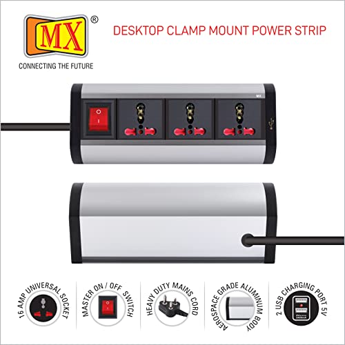 Image of MX Premium Power Console 16A - 6 Universal Sockets (3 Outlets + 2 USB) with Removable Desk Clamp Power Strip, Master Switch, 1.5m Cord, Overload Protection for Home & Office