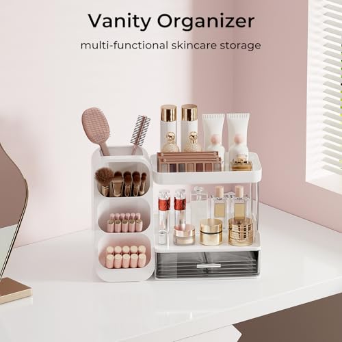 Image of UFORU Makeup Organizer for Vanity with Brush Holder, 2 Tiers Countertop Skincare, Cologne Organizer and Perfume Stand for Bathroom Vanity, Large Capacity Makeup Storage, White