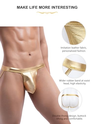 comeondear Cueca masculina Jockstrap de couro sintético, tanga fio dental com bolsa, cintura baixa,