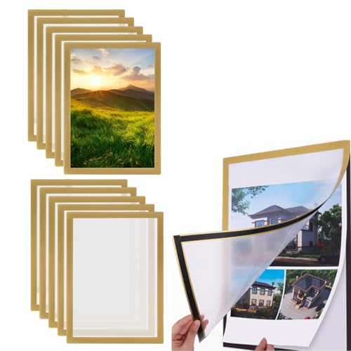 10 PCS Magnetic Photo Frames A4, Clear Poster Frame | Waterproof Certificate Frame | Peel and Stick Picture Frames with Adhesive Backing for Paintings Photographs Notices Personal Profile (A4-Gold)
