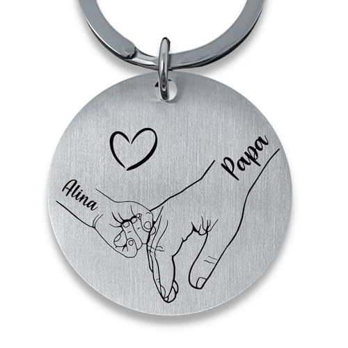 SMARTEON Personalisierter Schlüsselanhänger mit Gravur für Papa und Kinderhände mit Namen als individuelles Geschenk für Papa als Andenken oder Fotogeschenk für Vater und Kinder