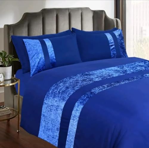 DARWEN STAR Crushed Velvet Panel Band Duvet Set including Pillow Case pair, Navy Blue, Super King