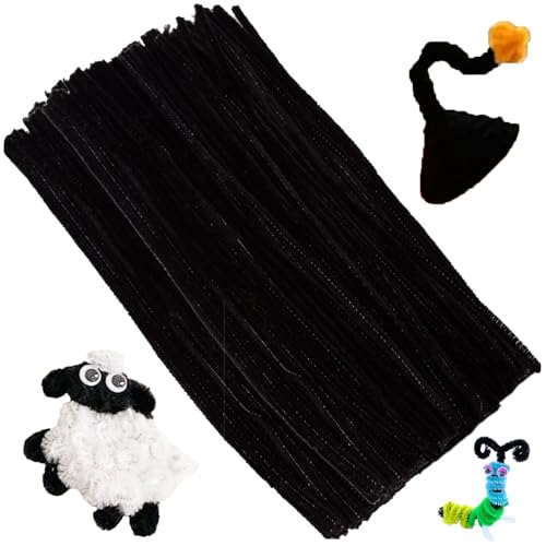 XIAOJING0 100 Piezas Línea Chenilla Limpiapipas de 30 cm,Pipas de Chenilla Pipe Cleaners Manualidades DIY Halloween Decoraciones Navideñas para Manualidades y Decoración-Negro