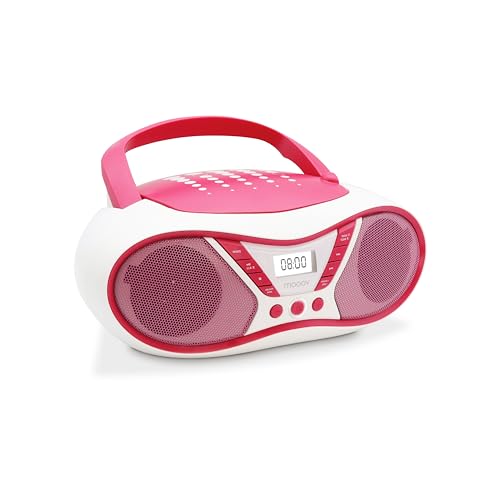 Mooov 477410 - Reproductor de CD portátil, Lector CD Audio CD, CD-R, CD-RW, CD-MP3, Radio FM, Puerto USB para MP3, Sonido estéreo de 6W, asa ergonómica, Pantalla LCD, Rosa