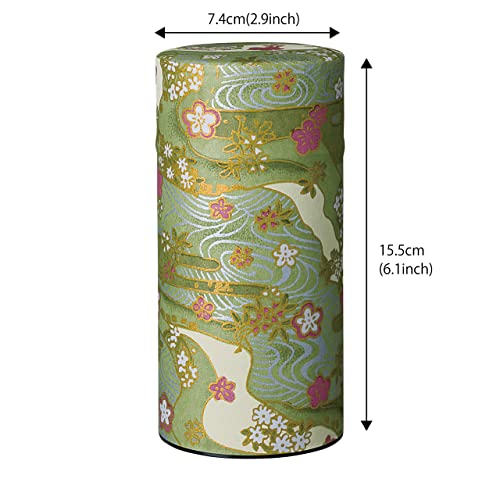 野口熊太郎茶園 Japanese Tea Canister Tin Shikisai(Four Seasons Color) Green/Double Lid/Japanese Washi Paper Pasted /200g Tea Capacity/Loose Leaf Tea Storage/Storage Container with Lid