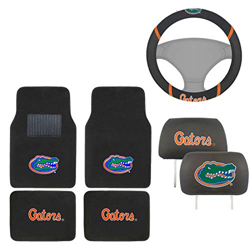 AAC FANMATS NCAA Mascot Carpet Floor Mats Bundle with Head Rests and Steering Wheel Cover for Florida Gators Fans Officially Licensed(7 Items)