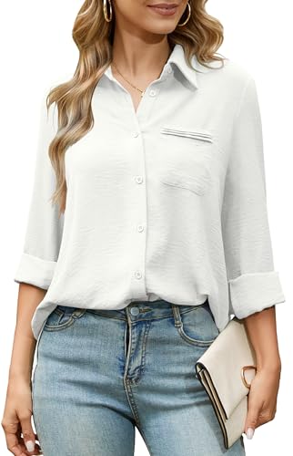 Odosalii Womens Button Down White Shirt Long Sleeve Button Up Dress Shirt Women Classic Fit V Neck Work Top Sexy Dressy Casual Blouses Teacher Office Interview Outfits A-White S