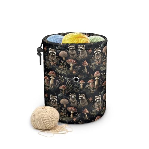 Image of Sellikakes Mushroom Raccoon Yarn Bag with Drawstring, Yarn Holder Crocheting Storage Basket Organizer Crochet Holder for Crocheting Project Store Skein Ball