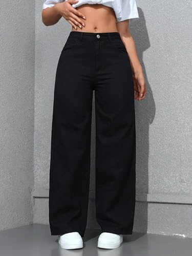 Image of London Hills Women's High Rise Wide Leg Jeans | Relaxed Fit Baggy Denim Pants | Stylish Straight Fit Comfortable Casual Wear Jeans for Women (Black)