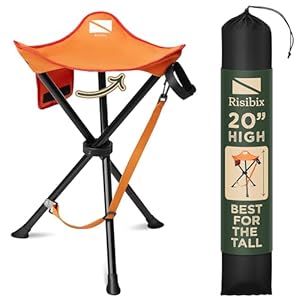 Foldable Tripod Stool – Ultra Portable Seat for Tall People, 20” High – Hunting Chair & Hidden Zippered Pocket – 2 lb Camping Stool, 3 Legged Strong Steel Stool Holds up to 200 lb (Orange)