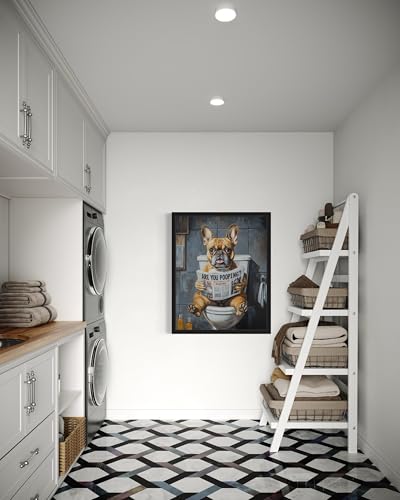 Image of French Bulldog on Toilet Black Framed Wall Art Print Poster, Dog Bathroom Humor Decor Posters Prints for Restroom Home Picture Painting Artwork Gallery 7 (French Bulldog, 10 inchL x 8 inchW, Black Frame)
