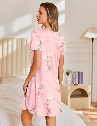 Image of Ekouaer Nightgowns for Women Pleated Sleep Shirts Short Sleeve Night Shirts Lace Trim Night Gown Ladies Sleep Dress