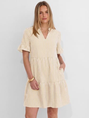 Image of Caracilia Dresses for Women Summer 2026 Striped V Neck Ruffle Sleeve A Line Tiered Flowy Casual Mini Beach Dress with Pockets