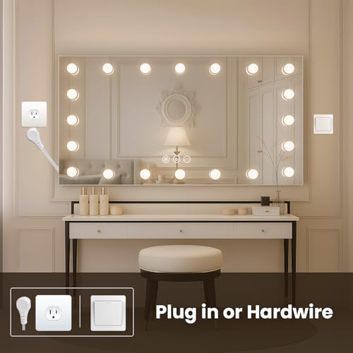 Image of WTTY 60 inchx30 inch Hollywood Vanity Mirror with Lights, Wall-Mounted Makeup Mirror with 3 Color Temperatures, Stepless Dimmable Bulbs, Anti-Fog & Shatter-Proof
