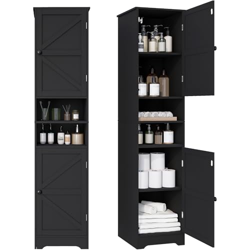 Image of Viaozutis Tall Bathroom Storage Cabinet, Vertical Freestanding Organizer with Adjustable Shelf, Slim Design for Small Bathrooms, Towels & Toiletries Storage Black