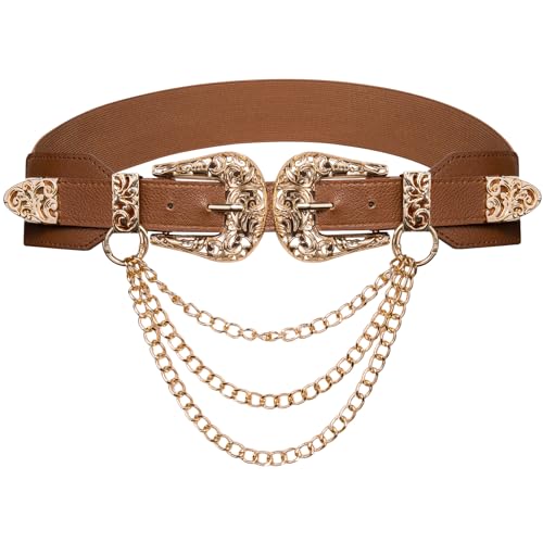 Image of Dubulle Womens Belt Chain Leather Belts Vintage Western Adjustable Elastic Double Buckle for Cowboy Pant Dress